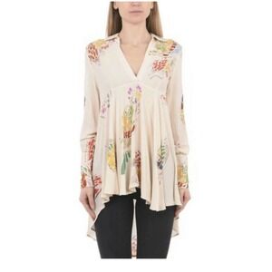 Free People Womens Blouse small Beige Field of Butterflies Tunic Boho Sheer